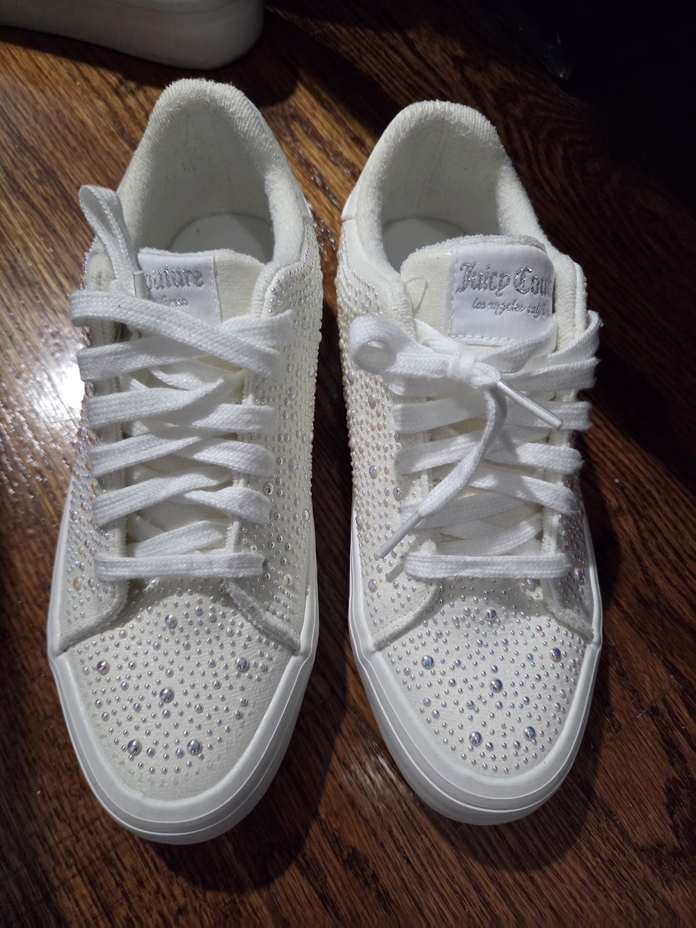Juicy Couture White Rhinestone-Embellished Lace-Up Sneakers
